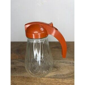 Vintage 1950s 1960s Clear Glass Red Plastic Slide Top Syrup Dispenser
